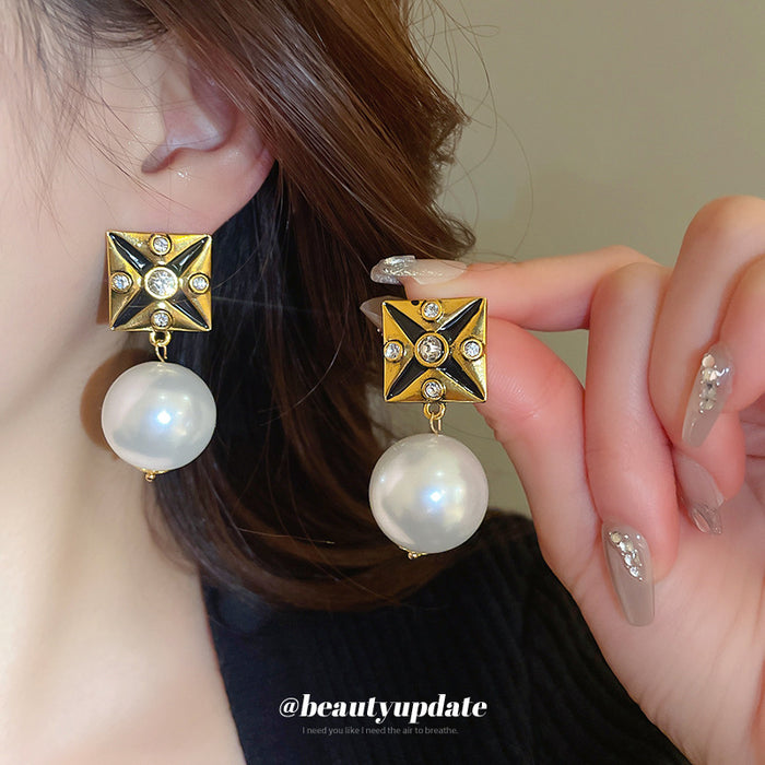 Gold Black Square Stud Earrings with White Pearl Drops