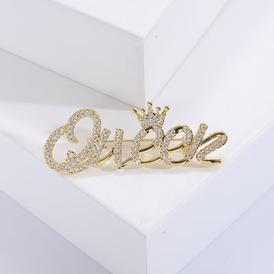 Crystal Queen Script brooch shown from the front