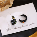 Black Heart Leopard Print Crystal Look Open C Hoop Earrings view 3