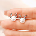 Silver Tone Reindeer Stud Earrings with White Faux Pearls view 2