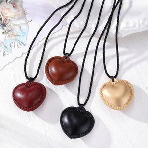 Stitched Leather Heart Pendant Necklace Black Cord 4 Colors