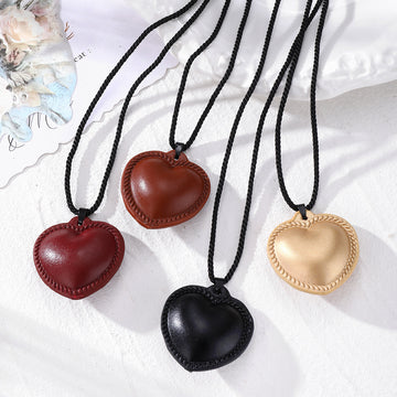 Stitched Leather Heart Pendant Necklace Black Cord 4 Colors