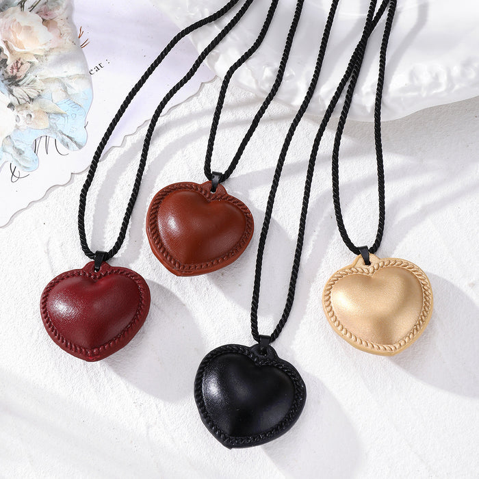 Stitched Leather Heart Pendant Necklace Black Cord 4 Colors