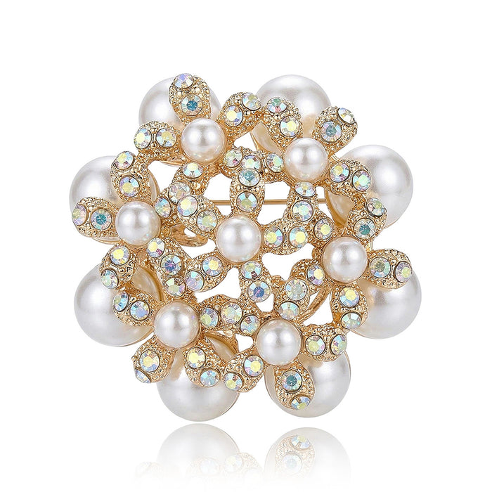 Pearl Cluster Flower Brooch in Detailed Metal for Jackets and Scarves