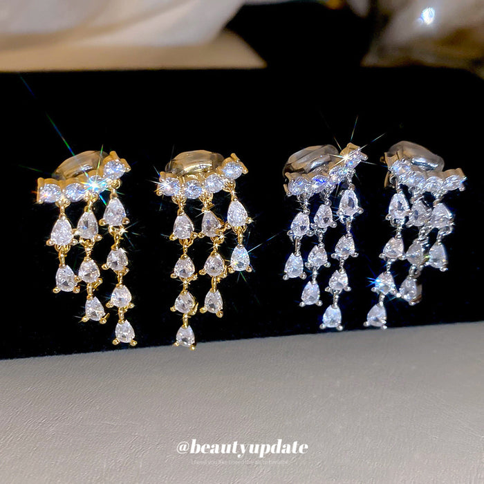 Crystal Fan Tassel Clip-On Earrings in Silver and Gold