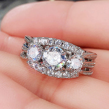 Oval Halo Crystal Ring with Triple Row Silver Tone Band