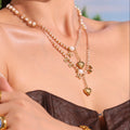 Freshwater Pearl Heart Charm Beaded Necklace Pink Stone Gold view 1