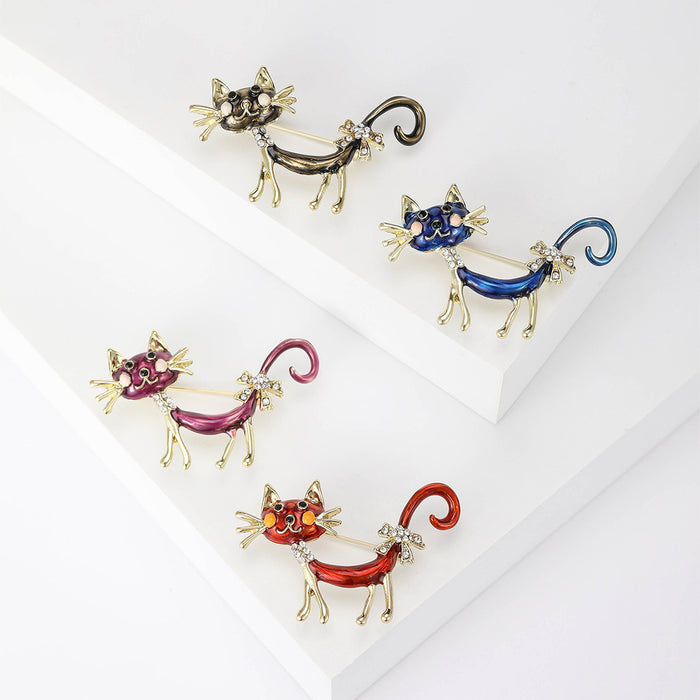 Enamel Long Tail Cat Brooch Gold Accents Four Colors