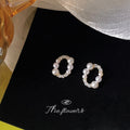 Gold Tone Oval Pearl Pavé Clear Geometric Stud Earrings view 1