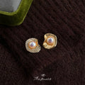 Gold Asymmetric Pearl Stud Earrings Crystal Pave Shell Pair view 1