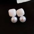 White Square And Pearl Drop Earrings With Polished Metal Details view 6