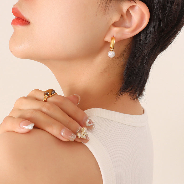 Asymmetric Pearl Zircon Huggie Earrings Green Purple Metal