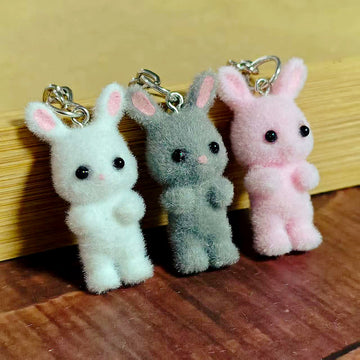 Flocked Bunny Figure Keychains in White, Pink and Gray