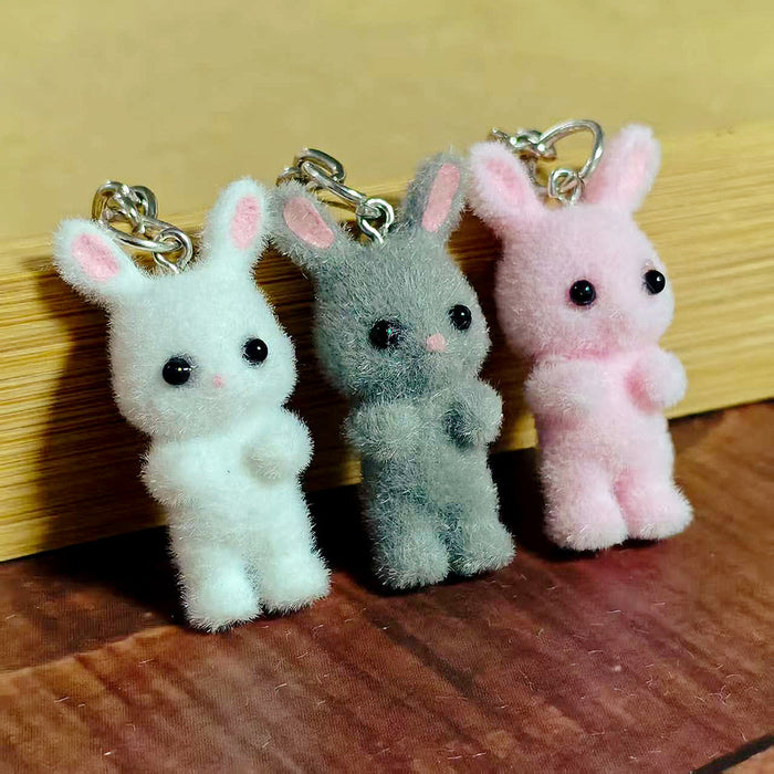 Flocked Bunny Figure Keychains in White, Pink and Gray