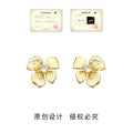 Gold Four Petal Flower Earrings Crystal Center Stud Clip view 3
