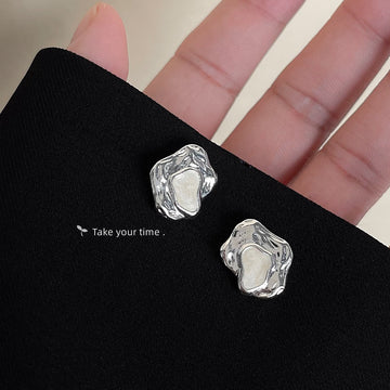 Silver Tone Molten Texture Irregular Open Sculpted Stud Earrings