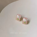 Pink Rectangle Enamel Tulip Stud Earrings Gold Rim view 1