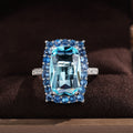 Silver Tone Blue Rectangular Double Halo Crystal Ring view 2