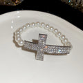 Silver Rhinestone Cross Pearl Necklace And Bracelet Set view 6