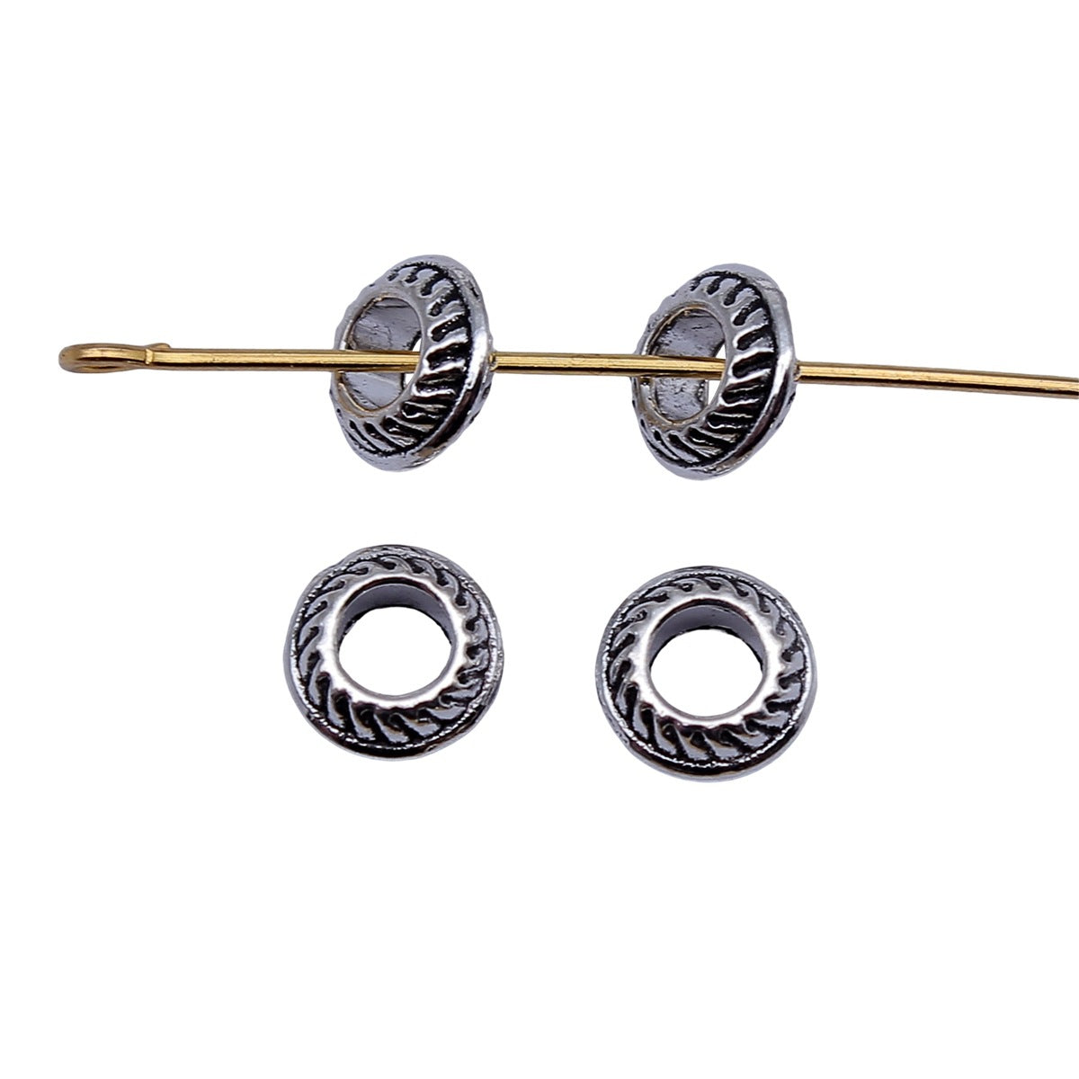 7.5x7.5x3.2mm 0.41g Antique Silver Zinc Alloy Flat Round Large Hole Spacer Beads for Bracelet Making