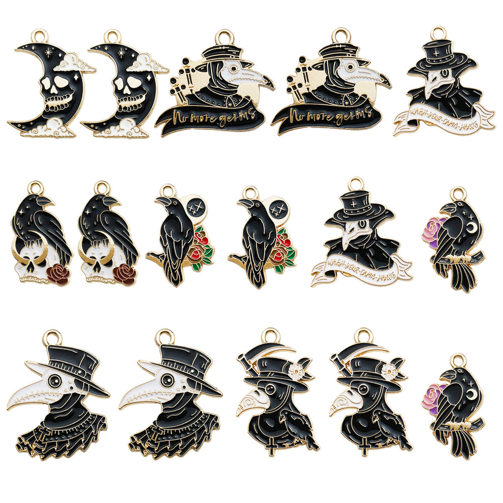 Enamel Zinc Alloy Halloween Skull Moon Crow Charm Pendant for DIY Bracelet Jewelry Making