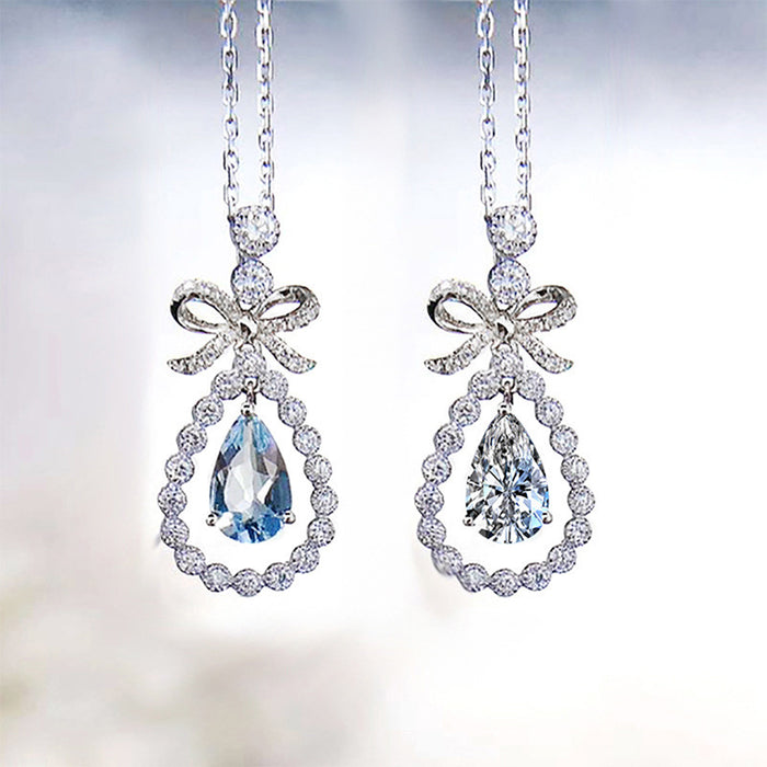 Silver Tone Bow Teardrop Crystal Pendant Necklaces