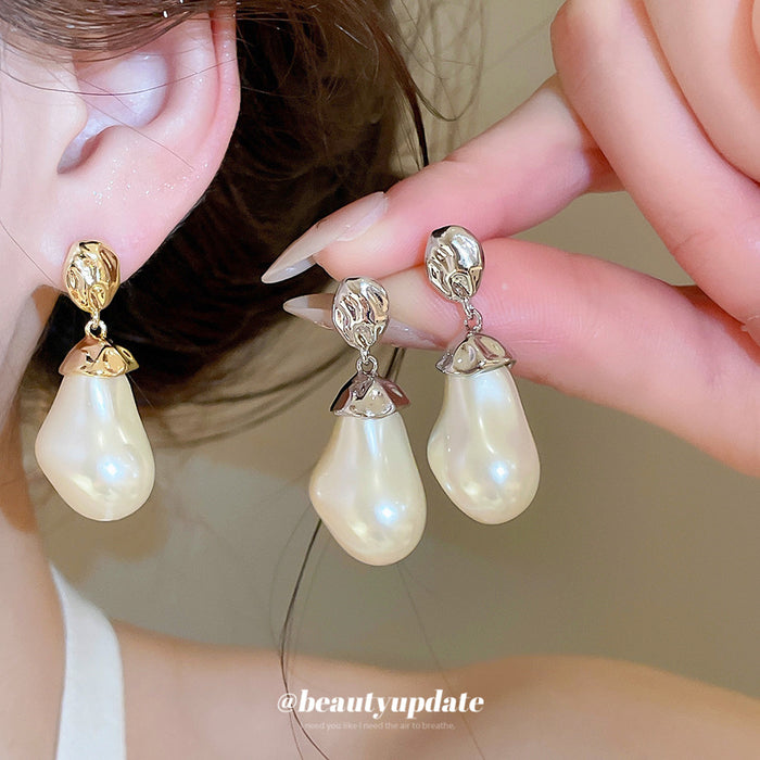 Irregular Pearl Drop Stud Earrings In Two Metal Tones