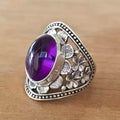 Silver Purple Oval Cabochon Floral Filigree Ring Sizes 6-10 view 1