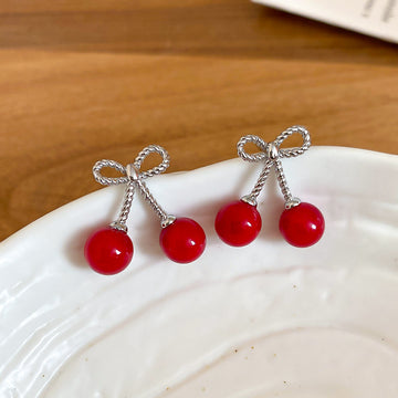 Red Cherry Bow Stud Earrings With Silver Tone Loops