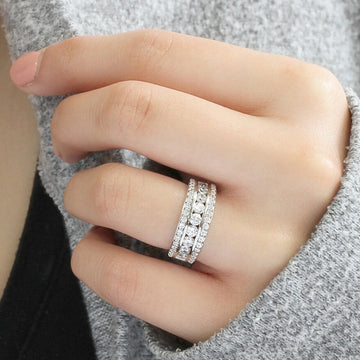 Triple-Row Round Clear Stone Wide Band Ring In Silver Tone