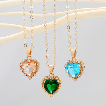 Gold Tone Faceted Heart Crystal Halo Pendant Necklaces in Three Colors