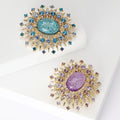 Gold Sunburst Cracked Glass Oval Rhinestone Brooch Pin view 1