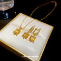 Gold Yellow Square Crystal Pendant Necklace Drop Earrings view 3