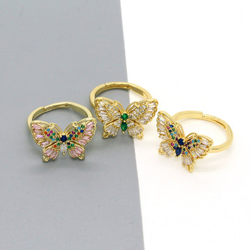 Gold Tone Multicolor Crystal Butterfly Adjustable Open Rings