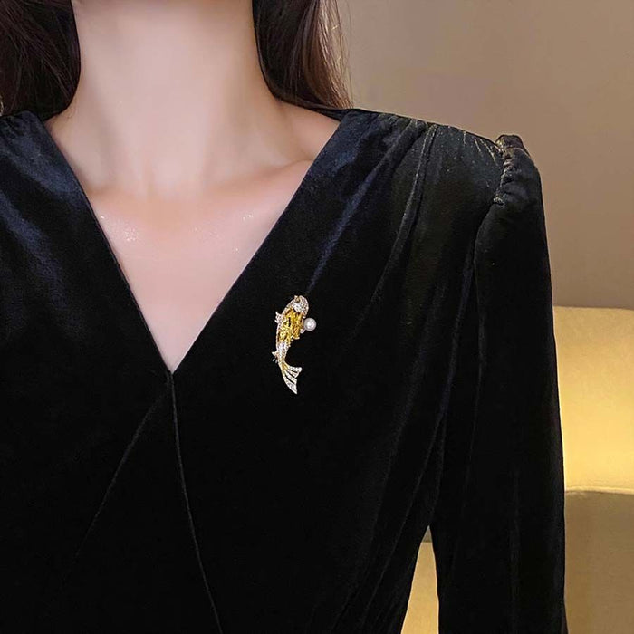 Gold Koi Fish Brooch Yellow Stones And Pearl Accent