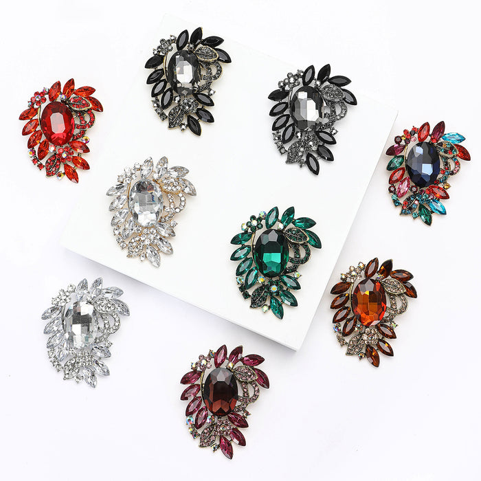 Oval Crystal Leaf Brooch with Faceted Stones for Jackets and Scarves