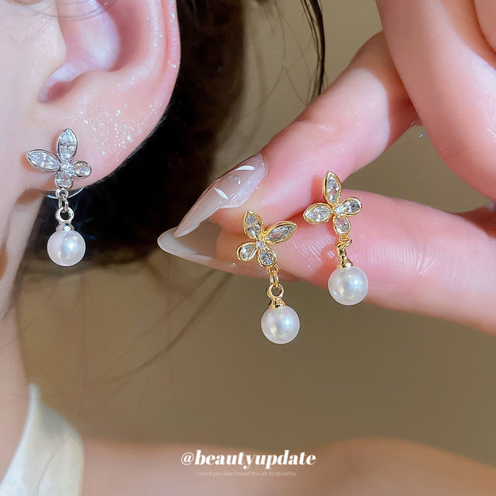 Butterfly and Pearl Drop Stud Earrings in Gold and Silver
