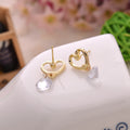 Gold Open Heart and Clear Round Drop Stud Earrings view 4