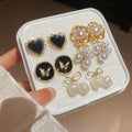 Five Pair Gold Black Enamel Pearl Mixed Stud Earring Set view 6