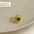 Gold Adjustable Open Ring Green Cabochon Dot Texture view 3