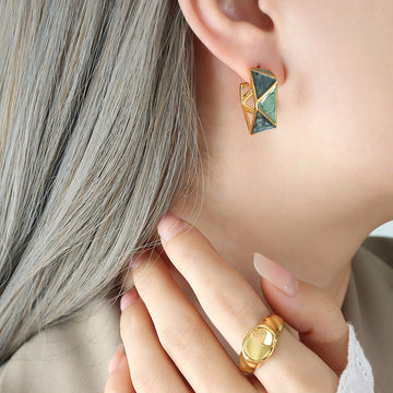 Gold Geometric Enamel Hoop Earrings Mint Gray Faceted Studs