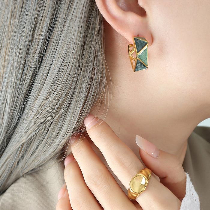 Gold Geometric Enamel Hoop Earrings Mint Gray Faceted Studs