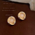 Gold Twisted Circle Blush Center Pearl Stud Earrings view 3
