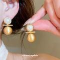 Gold Tone Double Ball Stud Earrings With Pearl Tops view 4