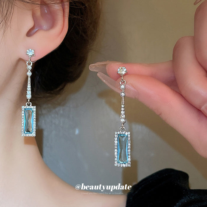 Blue Rectangle Crystal Chain Drop Earrings Fashion Jewelry