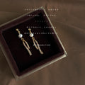 Gold White Pearl Twisted Crystal Ribbon Drop Stud Earrings view 2