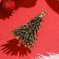 Green Enamel Christmas Tree Brooch Red Rhinestone Star Pin view 2