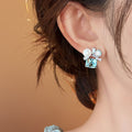 Blue And Green Square Crystal Floral Cluster Stud Earrings view 4