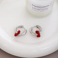 Silver Tone Compact Huggie Deep Red Bead Cluster Earrings view 4
