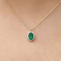 Gold Tone Green Oval Halo Pendant Necklace on Fine Chain view 2